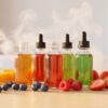Premium e-liquid bottles with colorful juices and fresh fruits