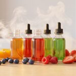 Premium e-liquid bottles with colorful juices and fresh fruits