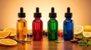 Colorful e-liquid bottles with fruit flavor ingredients
